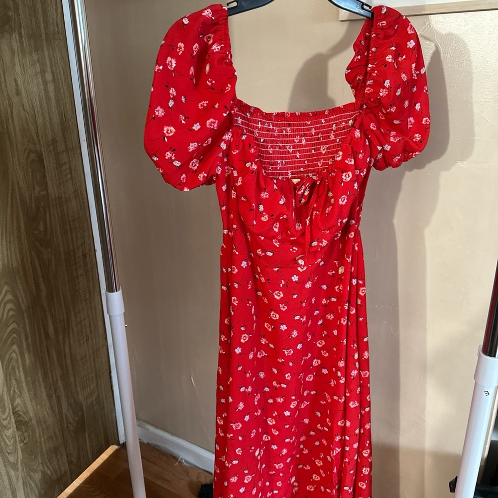 Red Floral Puff Sleeve Dress